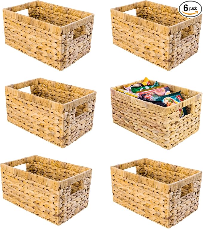 M4DECOR Set of 6 Rectangular Wicker Storage Baskets for Shelves | Water Hyacinth Storage Baskets, Pantry Baskets for Organizing, Handwoven by M4DECOR
