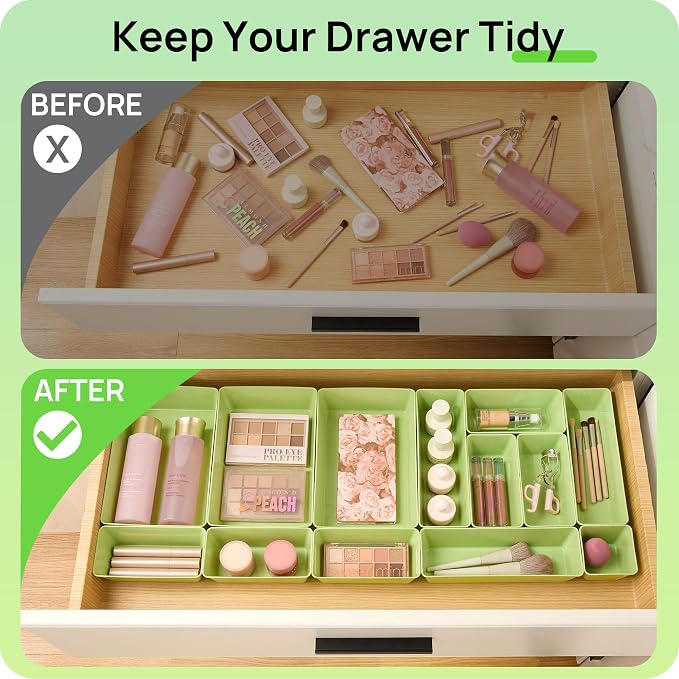 Vtopmart 25 Pack Plastic Drawer Organizers with Non-slip Rubber Pads | 4-Size Versatile Makeup Organizer, Storage Containers Small Bins for Makeup, Jewelries, Bedroom, Kitchen Utensils and Office - Image 3