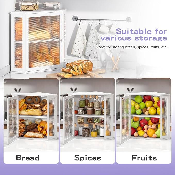 Corner Bread Box for Kitchen Countertop, Farmhouse Style with Acrylic Wavy Door Panel White Counter Bread boxes, Extra Large Food Storage Container - Image 7
