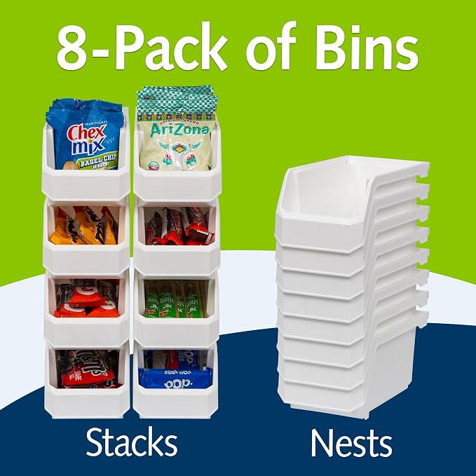 Medium Stackable Plastic Storage Bins, 8-Pack, White | Open-Front Stackable Bins For Garage, Pantry, Closet & Office, 11"L X 5,5"W X 5"H, Nests When Empty, Durable Plastic, - Image 2
