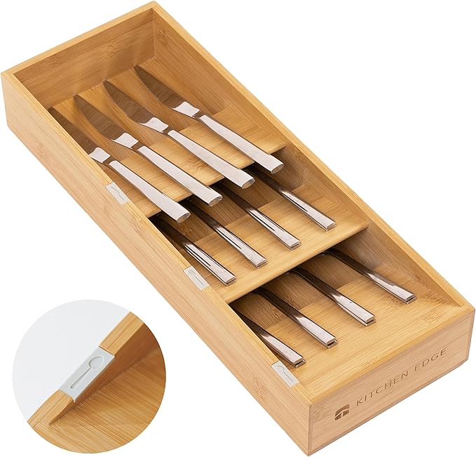 Slanted Cutlery & Flatware Organizer, Bamboo | 3-compartment slanted design, labeled slots, non-slip feet, sustainable bamboo by KitchenEdge
