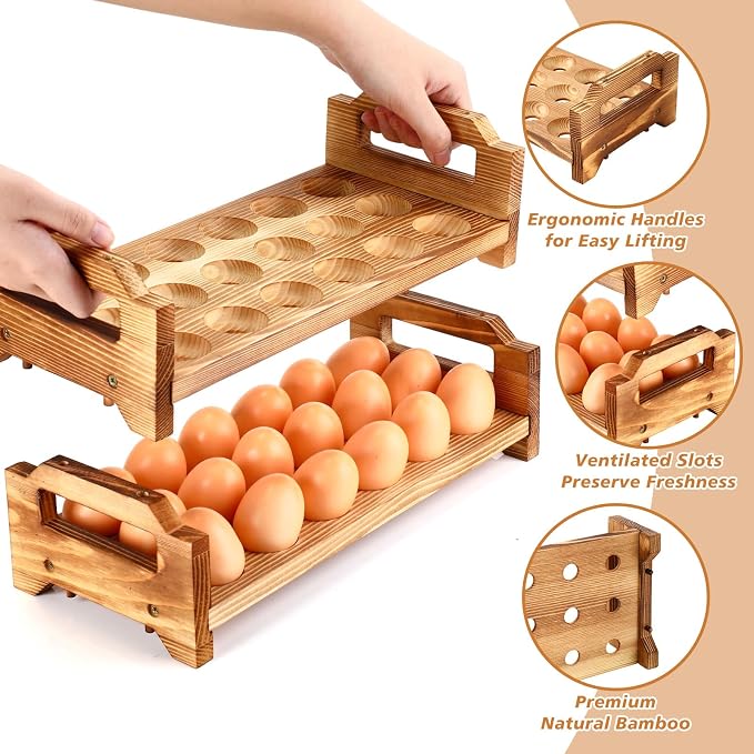 Reallnaive 4 Tier Wooden Egg Holder for Countertop, Pine Stackable Fresh Egg Storage Farmhouse Collecting Rack for Gathering Kitchen Organizer Duck Eggs Display, Stackable with 72 Eggs(Brown) - Image 3