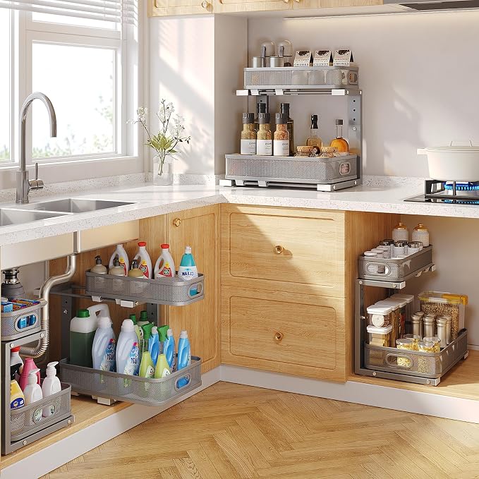 2 Pack 15.7IN-Depth Under Sink Organizer With Smooth Cylindrical Rail,2-Tier Pull Out Multi-Purpose Cabinet Storage for Bathroom&Kitchen,Height Adjustable,Rust-resistant Coating-Gun Gray - Image 7