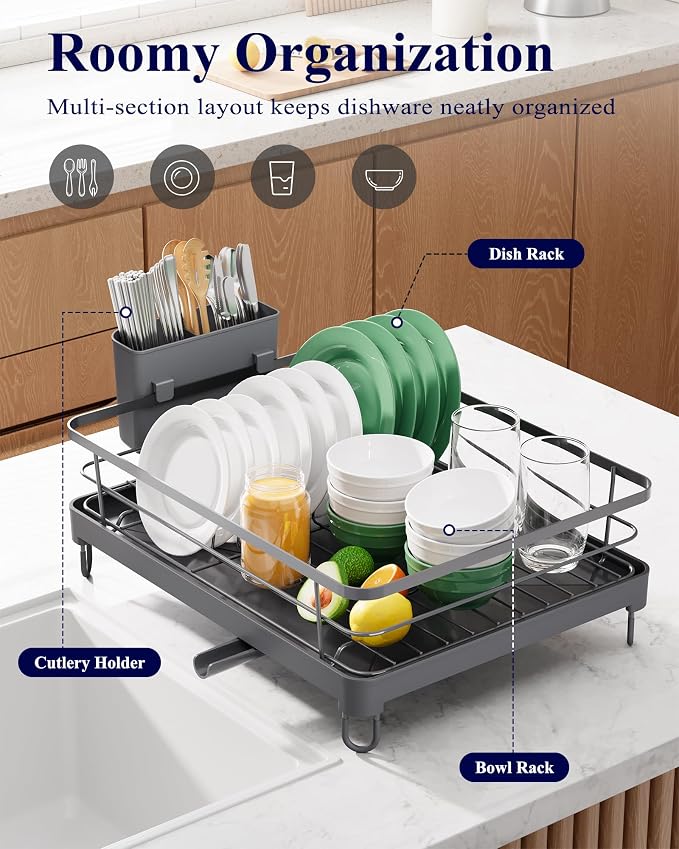 Kitsure Dish Drying Rack for Kitchen Counter, 12.7''W x 16.7''L, Grey | Stainless Steel Sink Organization, Cutlery Holder, Home and Appartment Decor - Image 2