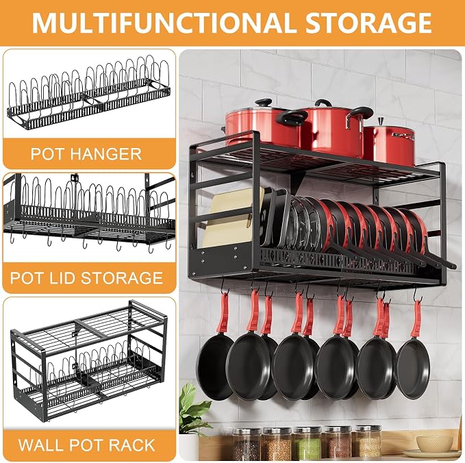 Pot Rack, 31 Inch Wall Mounted 2-Tier Pots & Pans Organizer with 20 Hooks | 14 Removable Slots & Pot Lid Holder, Heavy Duty Steel Pot and Pan Hanger for Kitchen Cookware & Utensil Storage - Image 5