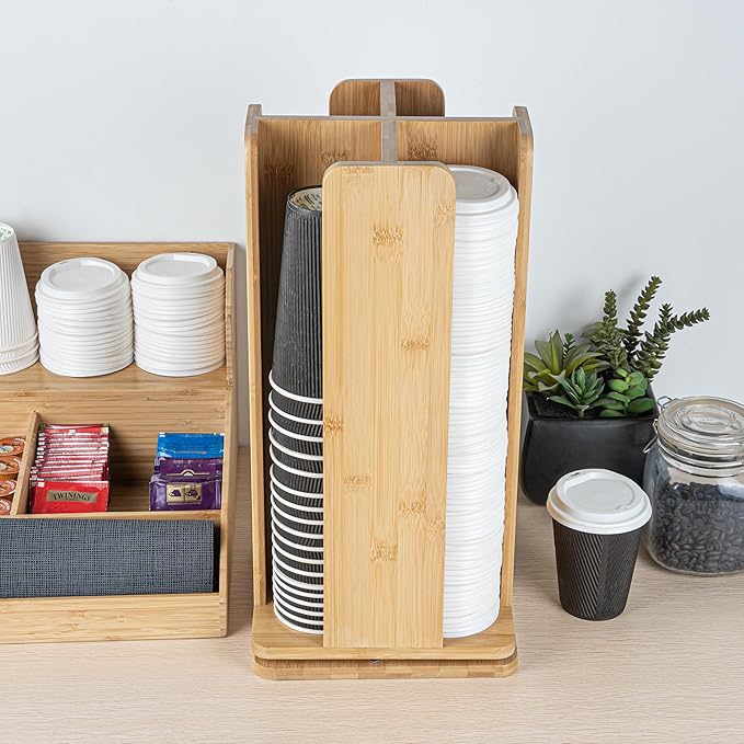 Restaurantware Restpresso 9 x 18 Inch Coffee Cup and Lid Organizer 1 Revolving Cup and Lid Holder - 4 Section Countertop Natural Bamboo Cup and Lid Dispenser For Restaurants Homes or Offices - Image 4