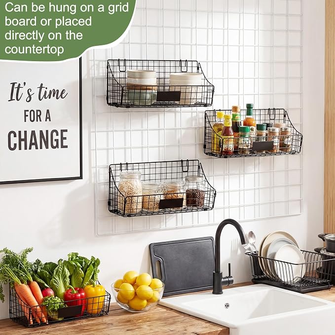 Blulu 4 Pcs Black Grid Wall Baskets, Metal Wire Wall Basket with Hooks Hanging Storage Organization Accessory for Vendor Trade Shows Kitchen Bathroom Pantry Supplies(15 x 7 x 6 Inch) - Image 5