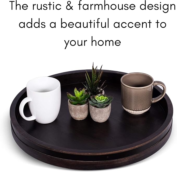 BIRDROCK HOME Wooden Lazy Susan Turntable - Spice Rack Organizer for Kitchen Table, Dining, Pantry and Countertop - Rotating Tray for Condiments - with Burnished Iron Accents - 18" Large, Black - Image 3