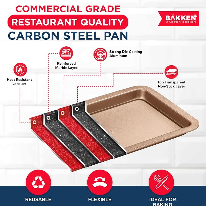 BAKKEN 3-Piece Kitchen Baking Pans - Small, Medium, and Large Cookie Pan, With Nonstick Coating, Stackable and Space-saving Design, PFOA, PFOS, PTFE Free, Oven Safe Tray (Up To 450°F), Brown - Image 3