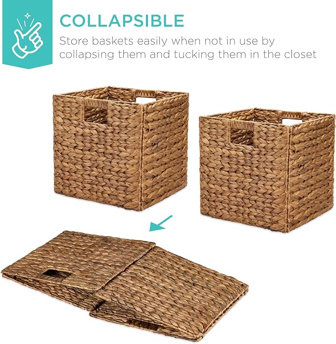 Best Choice Products 10.5x10.5in Pack of 5 Cube Storage Baskets, Water Hyacinth Multipurpose Collapsible Organizers, Handwoven Laundry Totes for Laundry, Living Room, Kids Room & Nursery - Chestnut - Image 3
