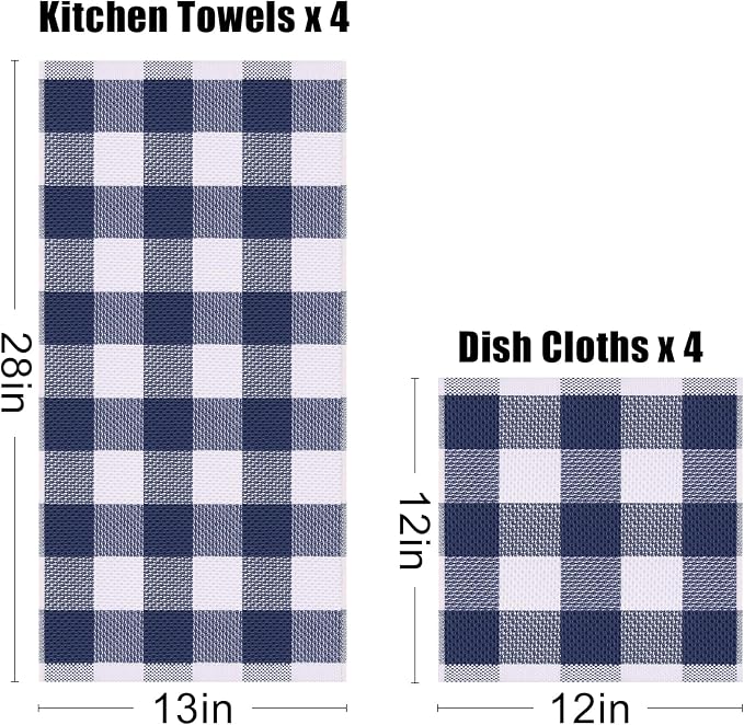 Homaxy Kitchen Towels and Dishcloths Set, Set of 10, White & Navy Blue | Bulk Cotton Waffle Weave Check Plaid Kitchen Towels, Super Soft and Absorbent Dish Cloths, 12 x 12 and 13 x 28 Inches - Image 3