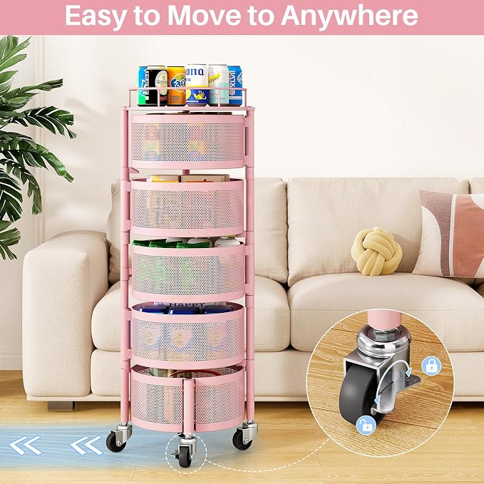 SNTD Fruit and Vegetable Basket Bowls for Kitchen with Metal Top Lid, 5 Tier Rotating Storage Rack Cart for Potato Onion Bread Banana, Wire Basket Organizer on Wheels, Large, Pink - Image 9
