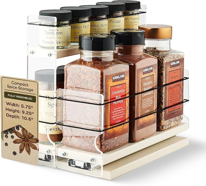 Combo Spice Rack Drawer - Pull Out Pantry Organizers and Storage - Kitchen Cabinet Organizer - Seasoning Sliding Caddy - Made in USA (5.75" W x 9.25" H x 10.60" D, Assembled) by VerticalSpice