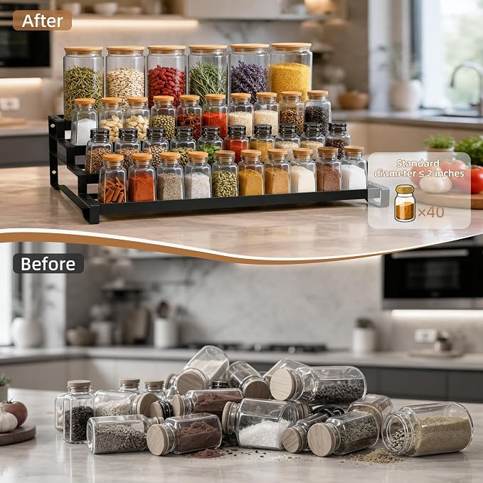 Expandable Spice Rack Organizer for Cabinet 4 Tier Spicy Shelf Black 1Pack | Adjustable Length 13"-21", Easy to See Labels, Sturdy Metal, Slip-Resistant Guardrails for Jars, Cabinet & Countertop Storage - Image 6