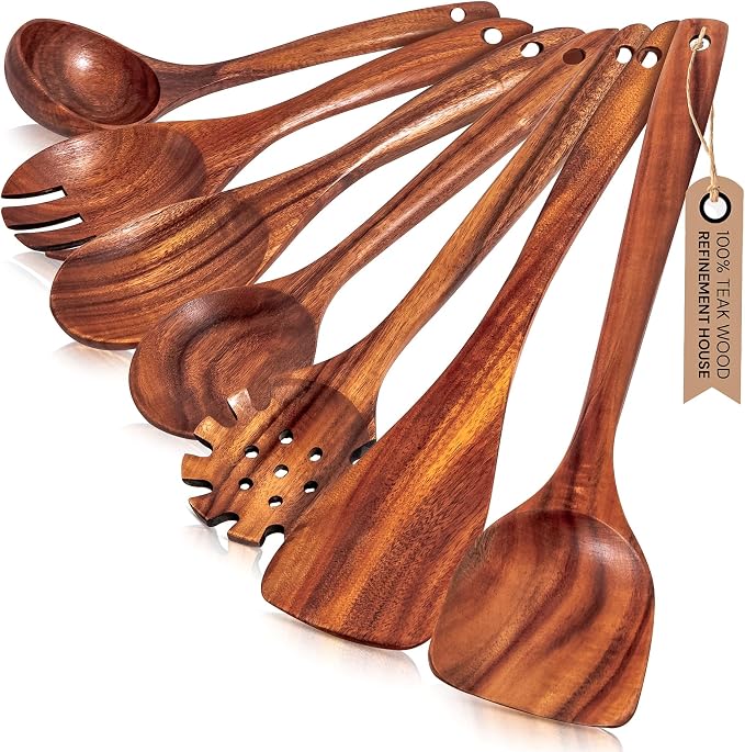 Premium Teak Wooden Utensil Set, 7-Piece Handcrafted Cooking Spoons & Spatulas – Nonstick Safe, Durable, Heat-Resistant Wooden Utensils for Everyday Cooking by RefinementHouse