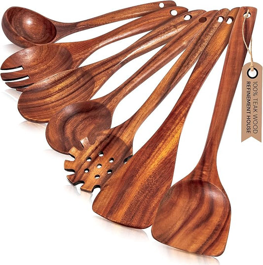 Premium Teak Wooden Utensil Set, 7-Piece Handcrafted Cooking Spoons & Spatulas – Nonstick Safe, Durable, Heat-Resistant Wooden Utensils for Everyday Cooking by RefinementHouse