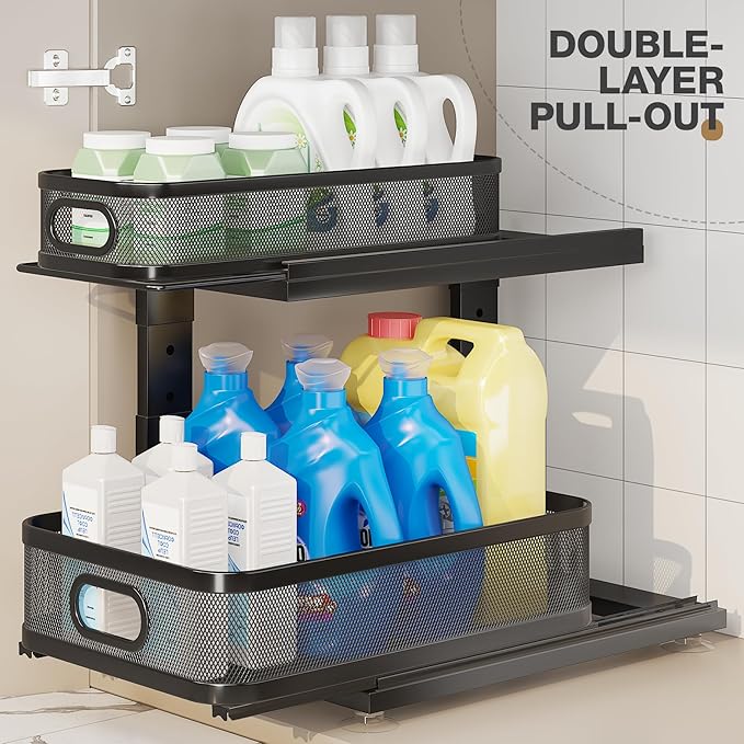 2 Pack Under Sink Organizer With Next-Gen Ball-Bearing Slides,2-Tier Precision Mesh Pull Out Cabinet Shelf Storage for Bathroom&Kitchen,Slide Out Drawers Height Adjustable,Rust-resistant - Image 4