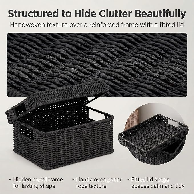 Wicker Storage Basket with Lid for Shelves, 3-Basket Set, Black | One rectangular wicker basket with lid and two open baskets for decorative shelf storage; removable lid flips into a tray. - Image 6