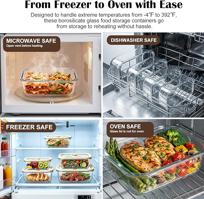Multi-Size Glass Food Storage Containers with Glass Lids, 4 Pack | Airtight Glass Meal Prep Containers, Plastic Free, Borosilicate Glass Lunch Containers for Leftovers, Microwave, Freezer - Image 6