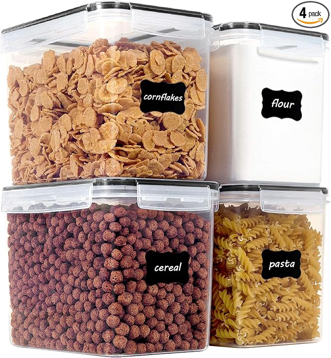 Vtopmart 3.6L Food Storage Containers, 4 PCS, Black | Airtight Seal, BPA Free, Food Grade Material, Dishwasher Safe (Not Lids), 4 Measuring Cups, 24 Labels by Vtopmart