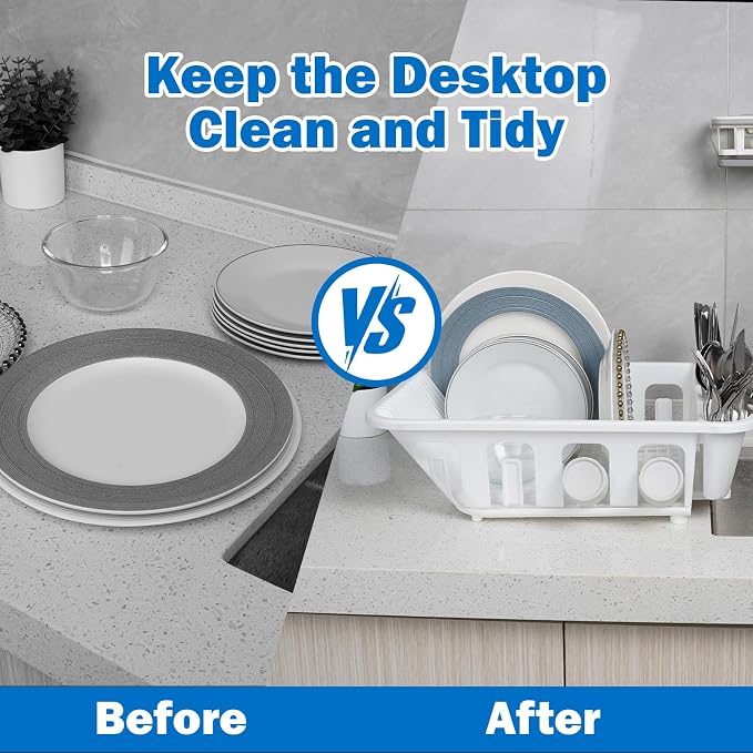KOOMADE 2-Pack Large Dish Drying Rack for Kitchen Counter -Dish Drainer Set with Drainboard Heavy Duty Plastic Counter Organizer for Dishes, Cups, Knives, Spoons and Forks, Made in USA (White) - Image 9