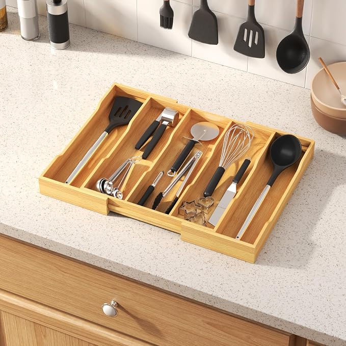 Lifewit Utensil Organizer for Kitchen Drawer, Expandable Cooking Utensil Tray, Cutlery Silverware Flatware Holder, Wood Adjustable Spatula Tools Storage Divider, 12.6-22.8x14/ 32-58x35.6cm, Natural - Image 2