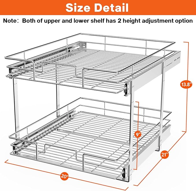 ROOMTEC Individual Pull Out Cabinet Organizer (20"W x 21"D), 2 Tier Spice Rack Organizer for Cabinet, Slide Out Drawer Pantry Shelf Organization and Storage for Kitchen Bathroom - Image 3