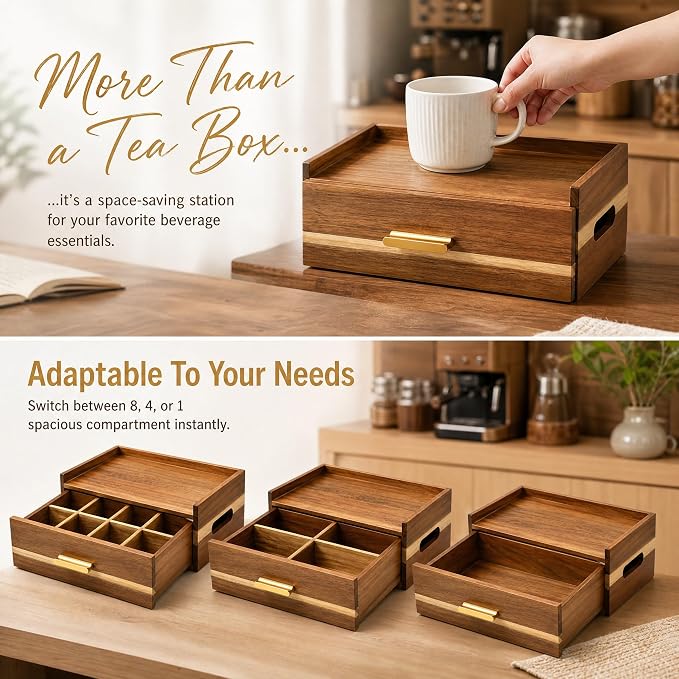 Acacia Wood Tea Bag Organizer 8 Compartment Storage Box & Organizer with Drawer Tea Bag Holder Container Chest,Coffee Station Sugar Packet Display for Countertop, Pantry, Office Cabinet - Image 3