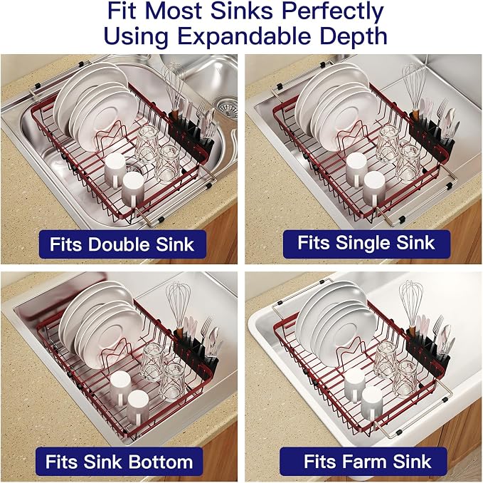 Red Dish Drying Rack Over The Sink with Utensil Holder | Expandable Stainless Steel Dish Drainer for Small Kitchen, Apartment, RV, Counter Space Saving, Perfect Fit, Rustproof - Image 4