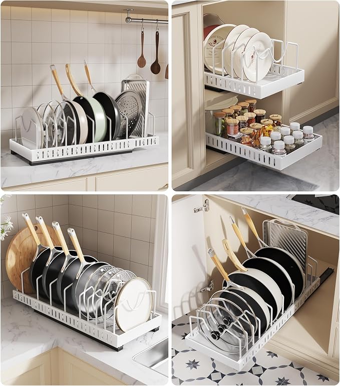 Pull Out Pots and Pans Organizer Under Cabinet, Expandable Sliding Lid Holder and Pan Rack for Kitchen, Slide Out inside Cabinet for Pot Lid, Bakeware, Dishes, 10 Adjustable Dividers, 2 Pack White - Image 7