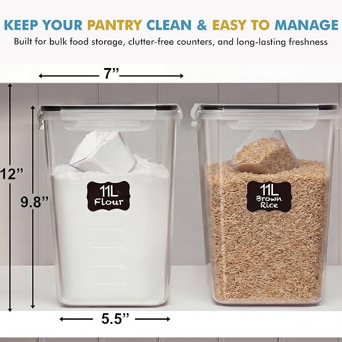 Shazo 2 PC (11L | 372 oz) Flour Sugar Storage Containers with Easy Carry Handle - Plastic Extra Large Food Storage Containers with Lids for Rice Cereal, BPA Free & Airtight Kitchen Pantry Organization - Image 6
