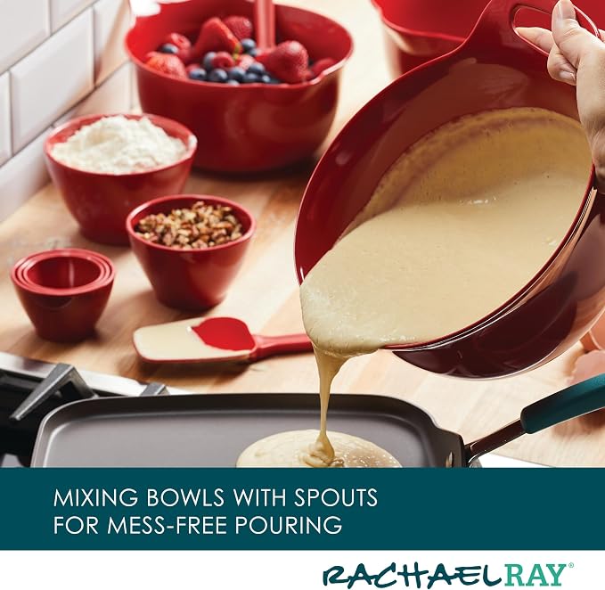 Rachael Ray Pantryware Nesting Mixing Bowls with Built-in spouts and Handles and Measuring Cups For Space-saving storage, Utensil Set, Dishwasher Safe, 10 Piece, Red - Image 5
