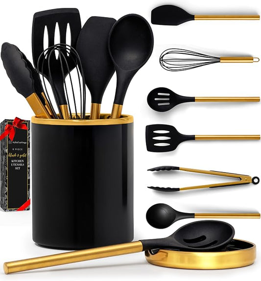 Styled Settings Black and Gold Kitchen Utensils Set with Holder, 8-Piece | Heat Resistant, Nonstick, Black Silicone Cooking Utensils Set, Ceramic Utensil Holder & Stackable Gold Spoon Rest by STYLEDSETTINGS