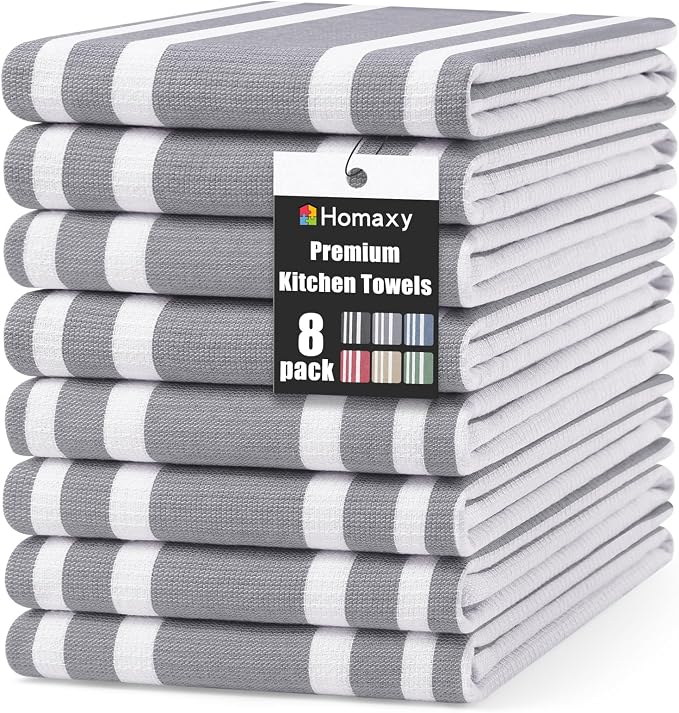 Homaxy Premium Cotton Stripe Kitchen Towels 8 Pack, 18"x 28", Grey | Large 380 GSM Kitchen Hand Towels, Soft Terry Dish Towels, Highly Absorbent Tea Towel Set with Hanging Loop by Homaxy