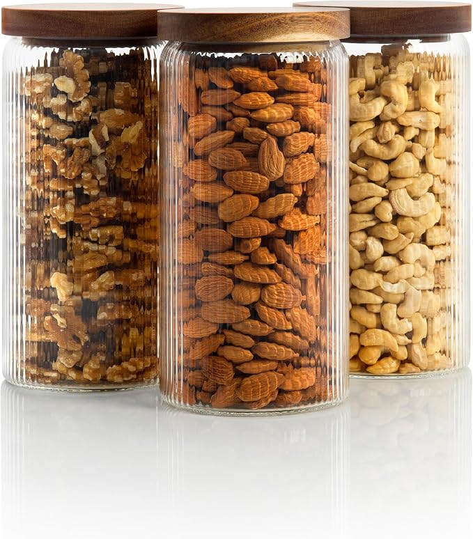 Ribbed Glass Jar with Wooden Lid 16.9oz / 27oz | Airtight Fluted Storage Container for Food, Pasta, Coffee, Candy, Dog Treats, Snacks | Canisters for Home & Kitchen (44 fl.oz / 1300ml -3X) by MasonFable