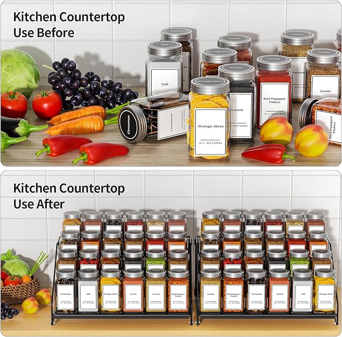 BOIVSHI 4 Tier Spice Rack Organizer, Spice Rack for Cabinet, Adjustable Depth Seasoning Shelf for Countertop, Pantry, Seasoning Organizer, Metal, Black (2 Pack) - Image 3