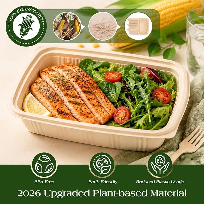 100 Piece (50 Pack) Meal Prep Containers with Lids, 28 oz Cornstarch Food Storage Containers Plant-based Lunch Box for Salad,BPA Free Plastic Take Out Containers Microwave and Freezer Safe - Image 2