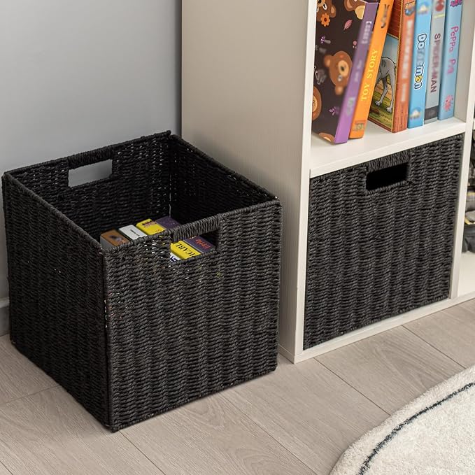 Handwoven Paper Woven Cube Basket Organizer with Handles set of 4 Foldable Storage baskets for Bedroom Living Room Cubby Storage Units for Clothes Books Toys (Black, 13" L x 13" W x 13" H) - Image 4