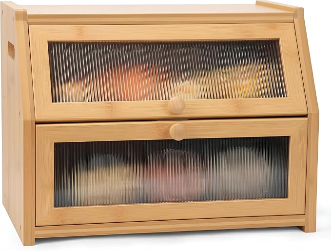 Large Bread Box for Kitchen Countertop, Wooden Bread Bin with Double Layer Storage and 0.6-inch Thick Natural Wood Panels, Rustic Bread Box Organizer for Kitchen (Natural Wood) by Unknown