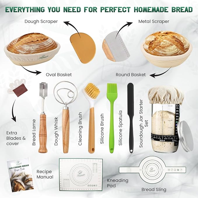 Sourdough Starter Kit - Banneton Bread Proofing Basket Set with Liners, Sourdough Bread Baking Supplies & Bread Making Tools - Includes two Banneton Basket, Tools with Sling & Kneading Pad - Image 4