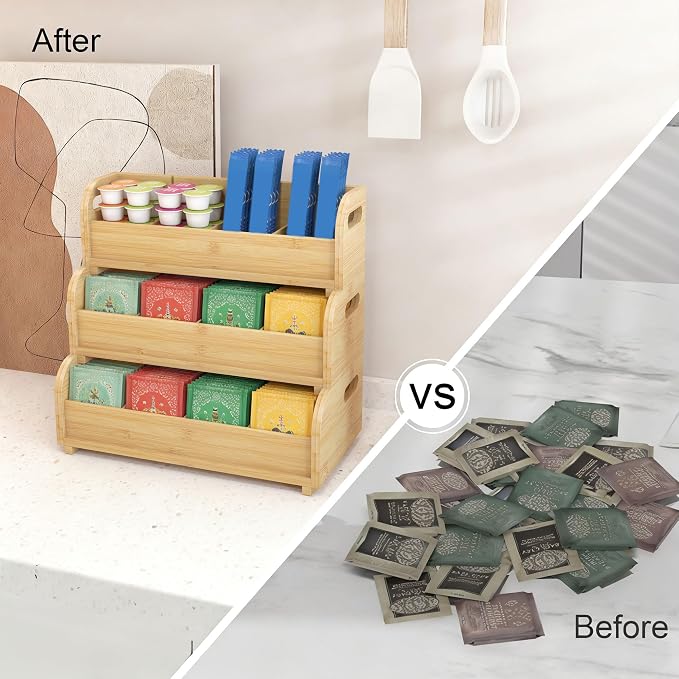 Wisuce 3-Tier Bamboo Tea Bag Organizer, Stackable Tea Holder for Countertop (Natural) - Image 6