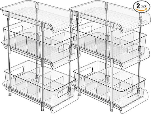 2Set 3 Tier Clear Bathroom Organizer with Dividers, Pull-Out Pantry Organization and Storage, Multi-Purpose Under Sink Organizers and Storage, Vanity Skincare Cosmetic Closet Organizer Medicine Bins by XIANKE