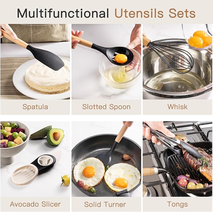 Astercook 39 PCS Kitchen Utensils Set, Silicone Cooking Utensil Sets with Wooden Handle, 446°F Heat Resistant Food Grade Spatula Set, BPA Free Kitchen Gadgets Tools Set & Spoons for Nonstick Cookware - Image 6