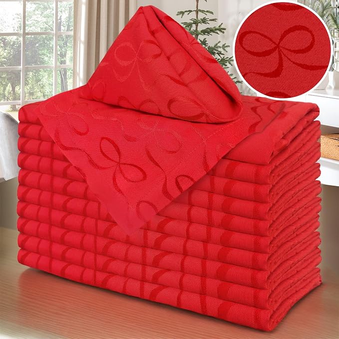 Red Napkins Cloth Pack of 12, Square Napkins 18"x18" - Cotton & Polyester | Wrinkle/Fade Resistant - Reusable Napkins Washable, Christmas Table Napkin for Wedding, Dinner & Party, Bow Jacuqard by VOOVAMOVAS