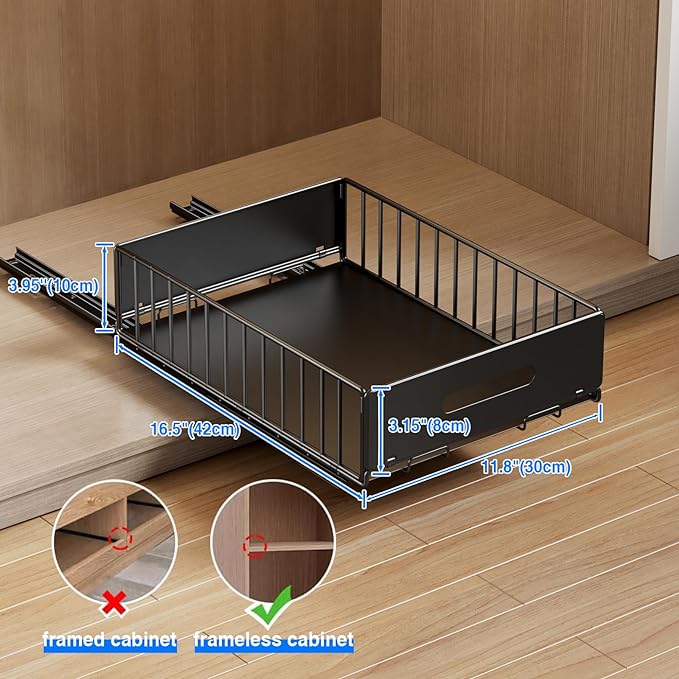Mustorn 2 Pack Pull Out Cabinet Organizer, Slide Out Drawers for Cabinets, Peel and Stick, Heavy Duty Shelves for Kitchen, Cupboard, Pantry, Bathroom (16.5"D*11.8"W*3.94"H-Black) - Image 3
