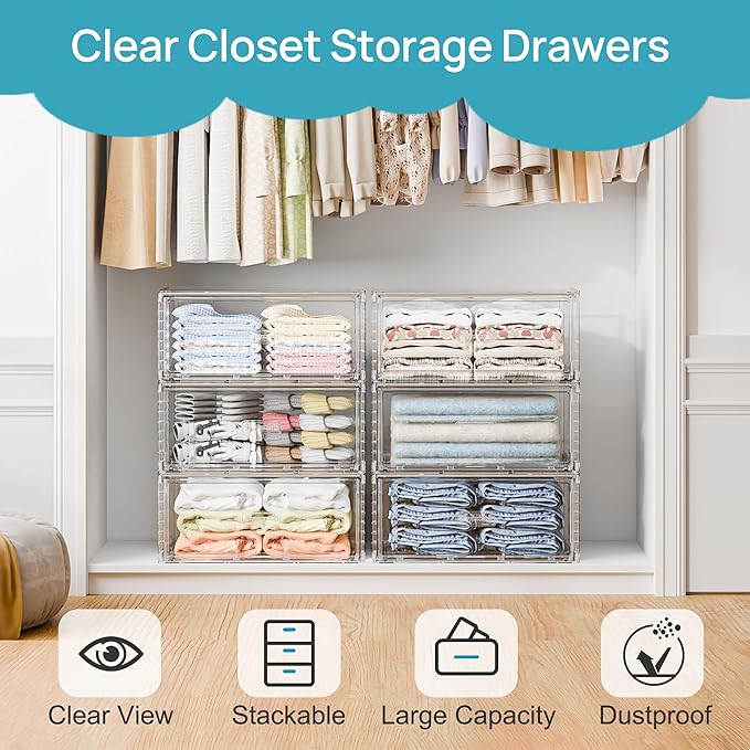 Vtopmart 2 Pack Large Clear Stackable Storage Drawers for Closet, 23QT | Easily Assemble Plastic Closet Storage Bins, Dust-Proof UnderBed Organizer for Clothing Underwear T-shirt Organization - Image 4