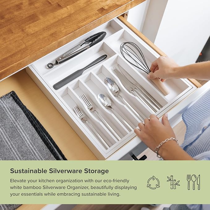 Silverware & Utensil Drawer Organizer, 16-28 in, White Bamboo | Cutlery, flatware, food-safe contract grade, kitchen drawer fit - Image 4