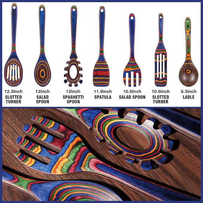 MYRAINBOW Wooden Spoons for Cooking – 7 Piece Pakkawood Kitchen Utensils Set with Spatulas, Spoons, Ladles, and Turner for Mixing, Serving & Cooking - Image 2