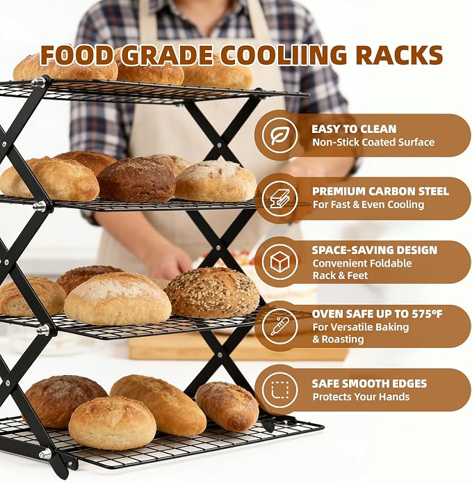 3 Tier Collapsible Cooling Rack Sourdough Cooling Rack 17"x10" | Cooling Racks for Cooking and Baking, Roasting, Grilling, Adjustable 6 Setting Design stackable, Oven & Dishwasher Safe - Image 4