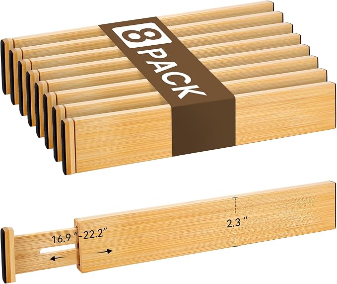 Adjustable Bamboo Drawer Dividers of 8, Expandable Organizers (16.9"-22.2") | Spring-Loaded Kitchen Drawer Organizer, Non-Slip Ends, 2.2" High, Easy Setup & Clean, for Kitchen, Dresser, Clothes, Bath by NCUE